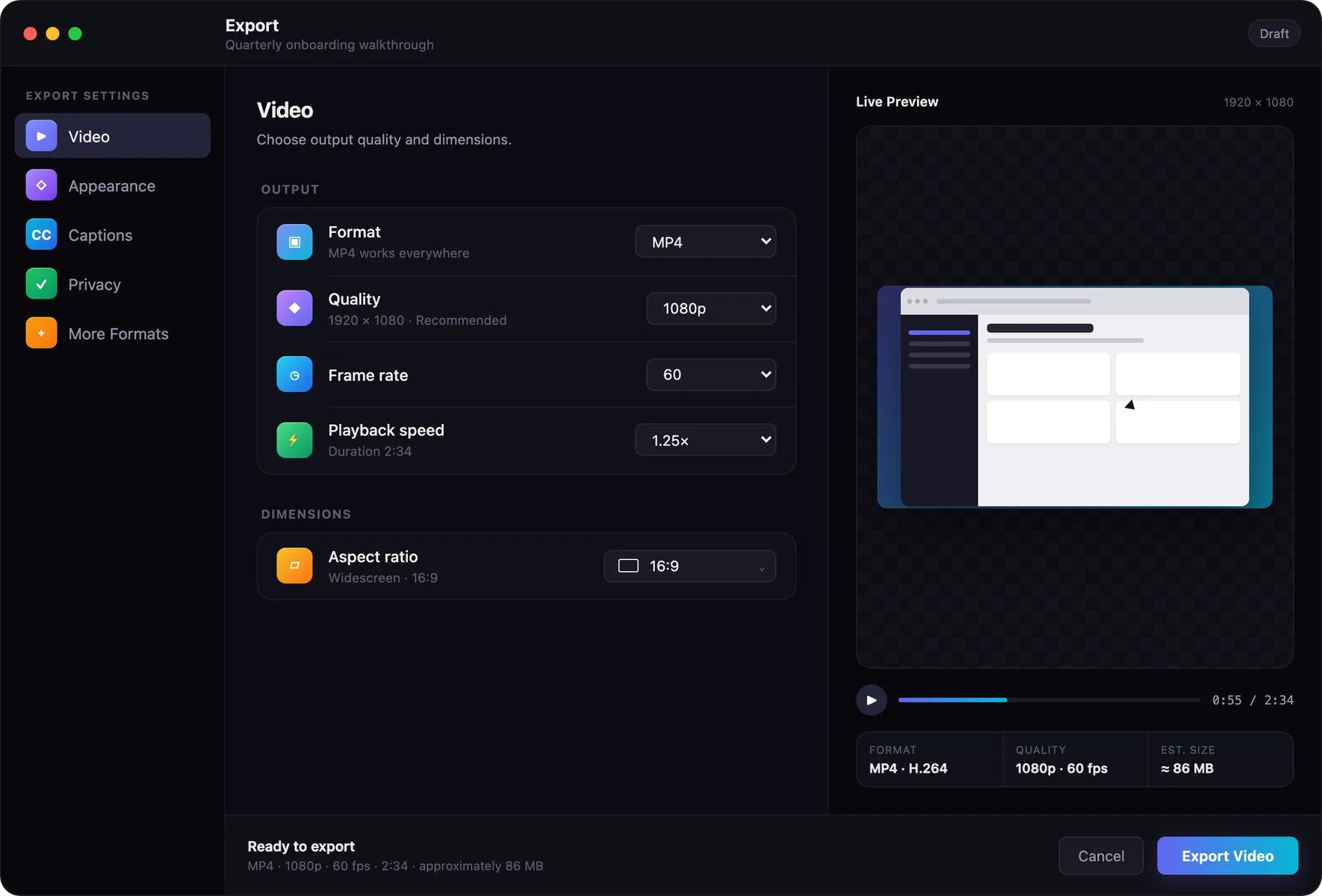 La ventana de exportación de AutoEditz con ajustes de formato, calidad, fotogramas por segundo y velocidad de reproducción junto a una vista previa en directo