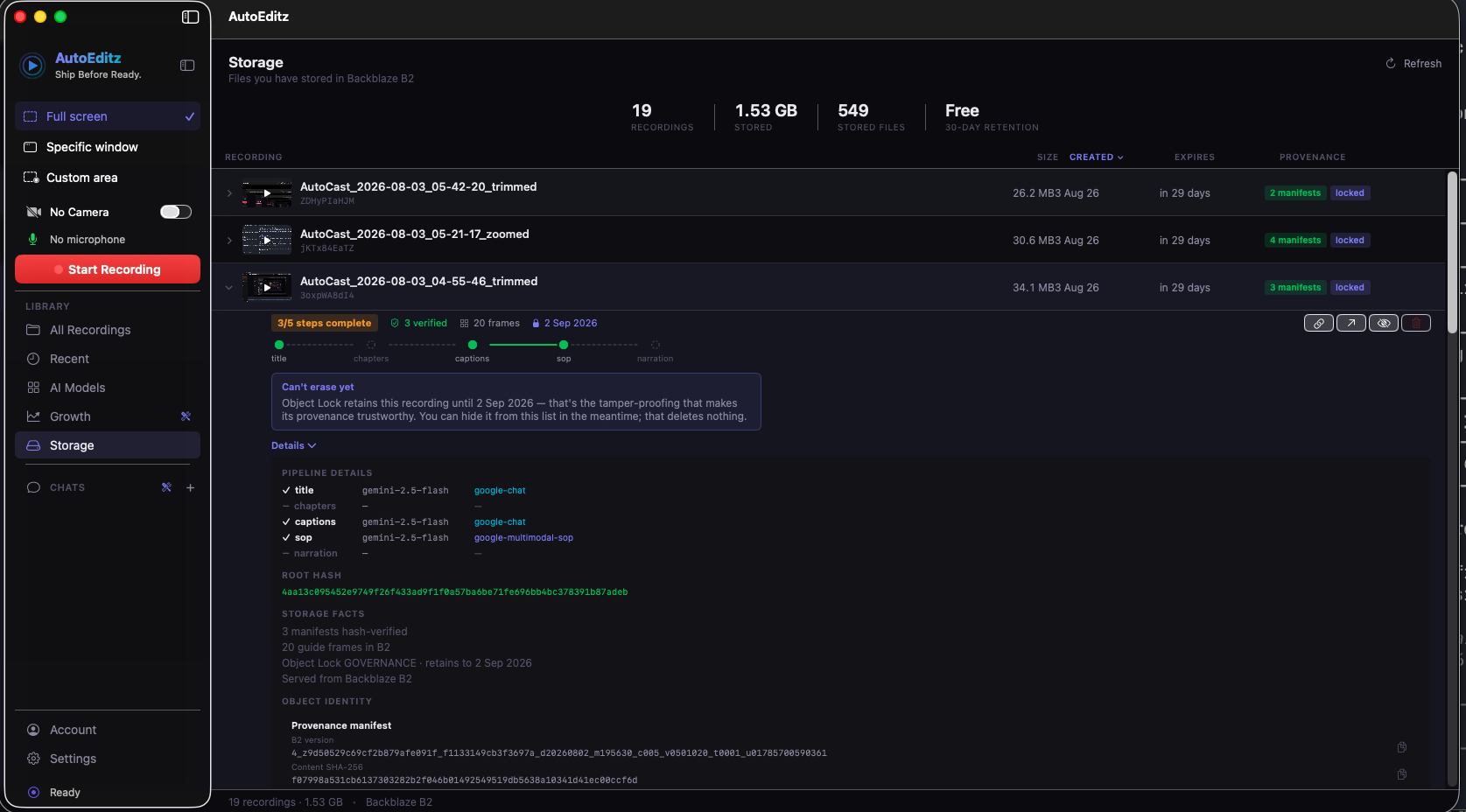 Storage tab with Start Recording and B2 provenance details