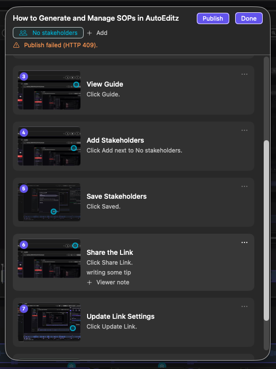 Share page — SOP with numbered steps, publish and done buttons