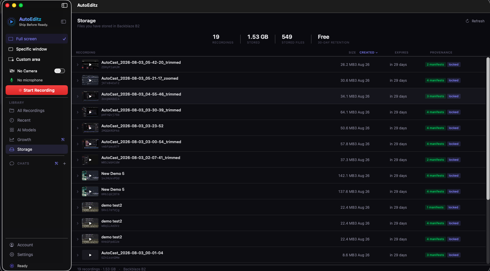 AutoEditz — Storage tab with recordings list, all locked on Backblaze B2