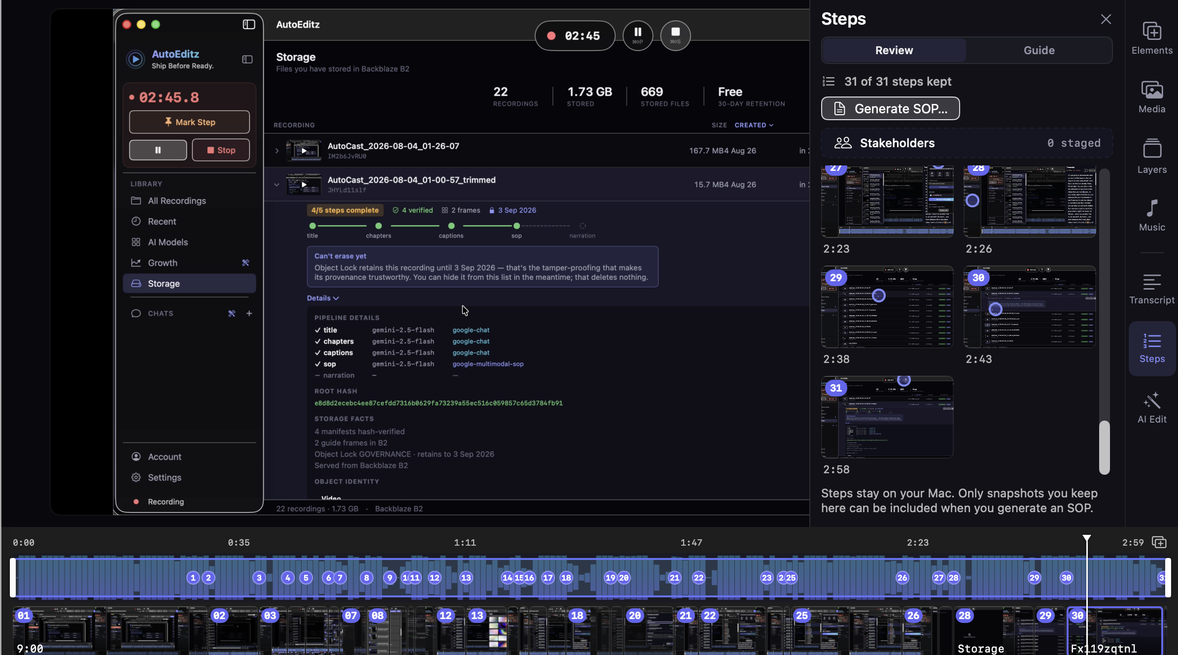 Storage tab — B2 provenance, Object Lock badges, pipeline details